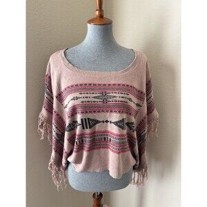 Billabong Size S/M Bown Southwest Print Fringe Button Detail Poncho Sweater